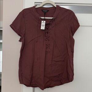 Express Women's Maroon Lace-Up Short Sleeve Top